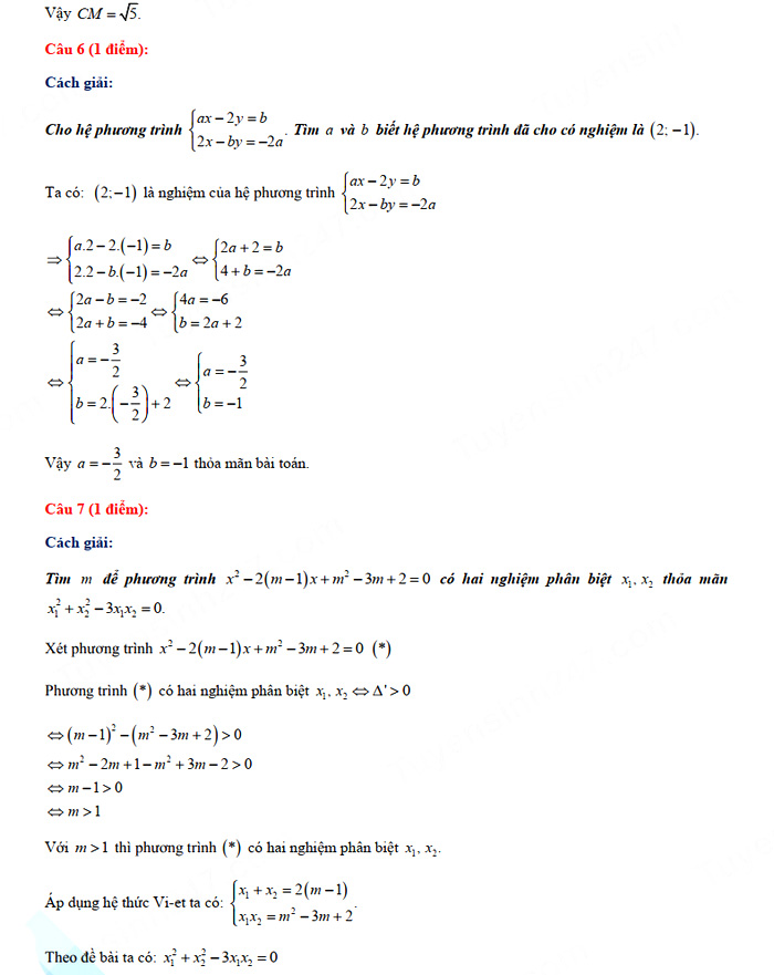 Đáp án đề thi vào lớp 10 môn Toán tỉnh Tây Ninh năm 2021