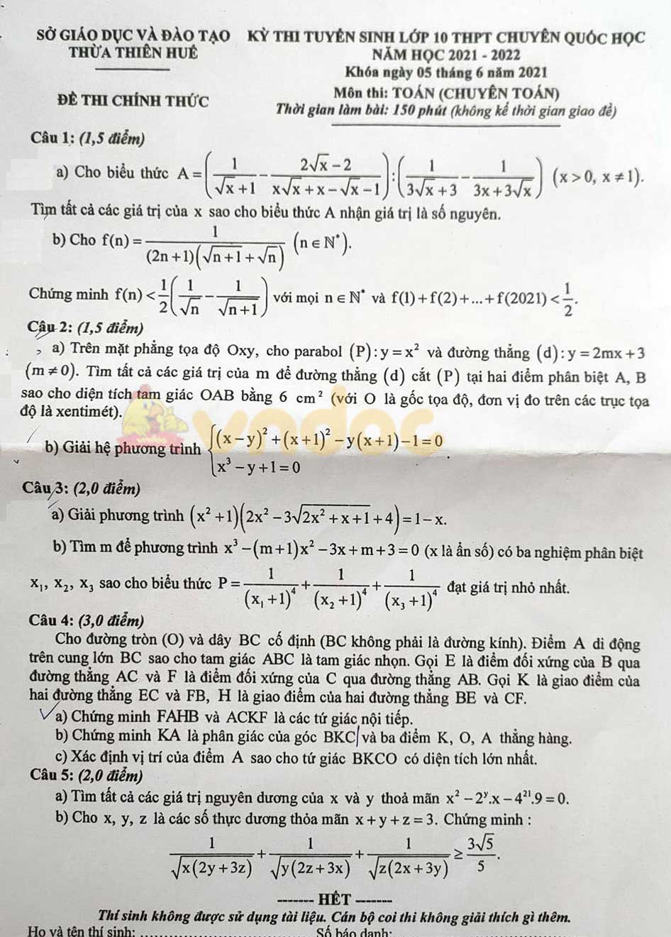 Đề thi vào lớp 10 môn Toán - THPT Chuyên Quốc Học Huế 2021