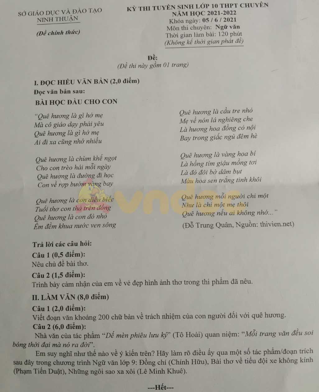 Đề thi vào lớp 10 THPT chuyên năm 2021 môn Văn tỉnh Ninh Thuận