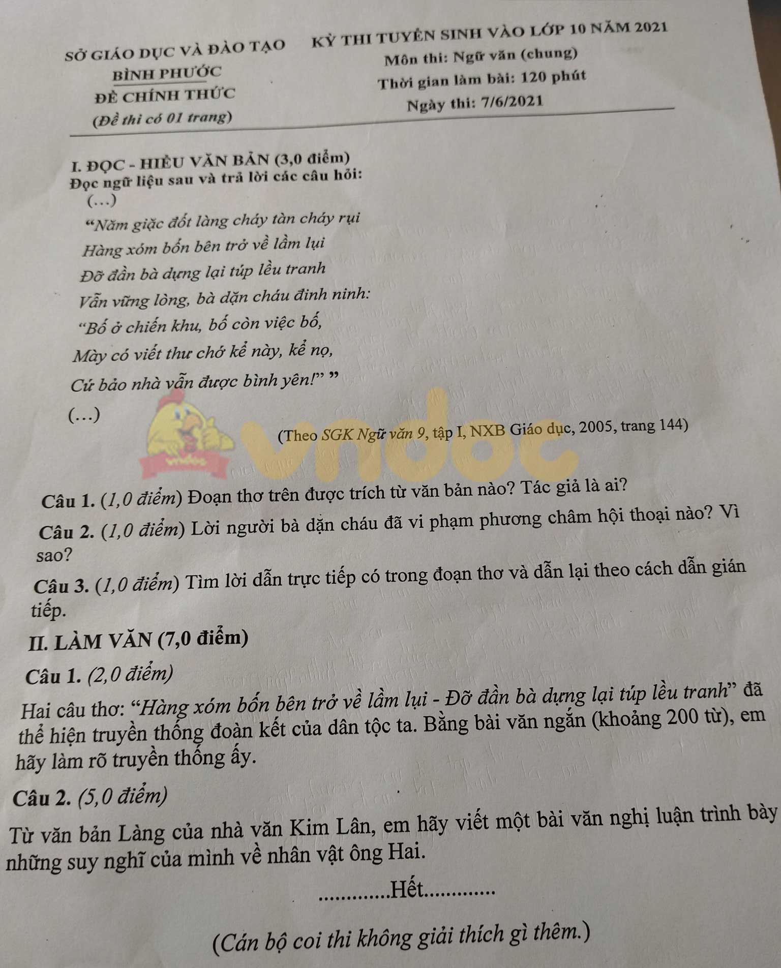 Đề thi vào lớp 10 môn Văn tỉnh Bình Phước năm 2021