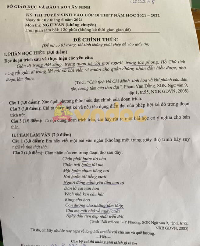 Đề thi vào lớp 10 môn Văn tỉnh Tây Ninh năm 2021