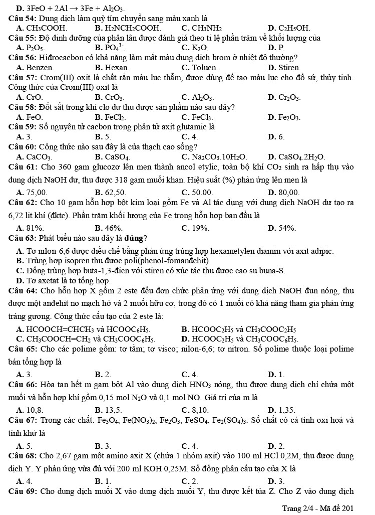 Đề thi thử THPT Quốc gia năm 2021 môn Hóa tỉnh Cà Mau