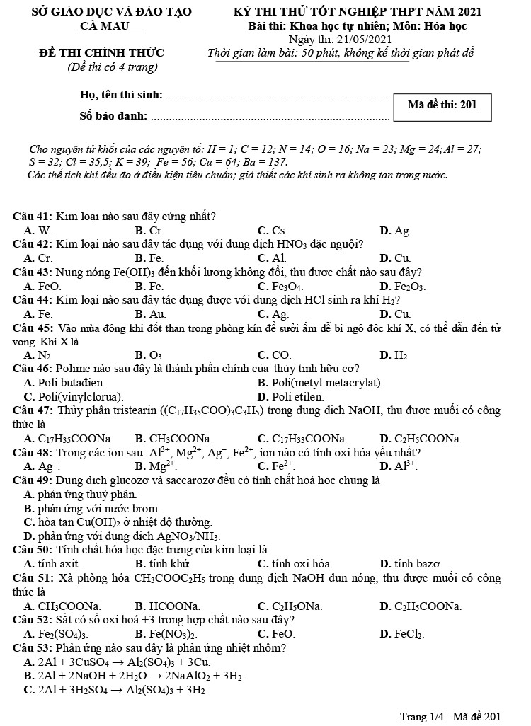 Đề thi thử THPT Quốc gia năm 2021 môn Hóa tỉnh Cà Mau