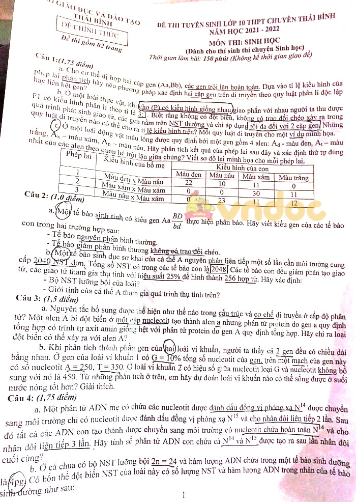 Đề thi tuyển sinh lớp 10 môn Sinh THPT Chuyên Thái Bình năm 2021
