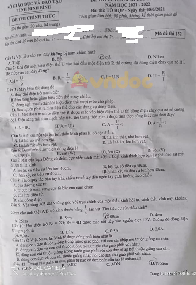 Đề thi vào lớp 10 môn Tổ hợp tỉnh Ninh Bình năm 2021