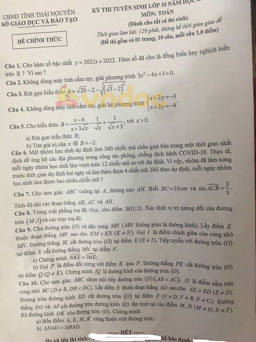 Đề thi vào lớp 10 môn Toán tỉnh Thái Nguyên năm 2021