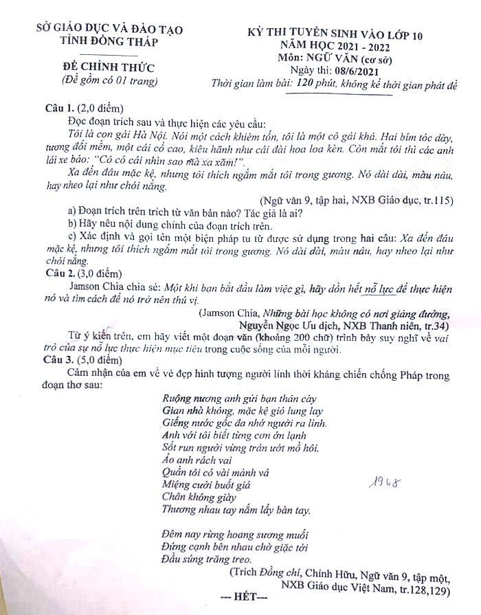 Đề thi vào lớp 10 môn Văn tỉnh Đồng Tháp năm 2021