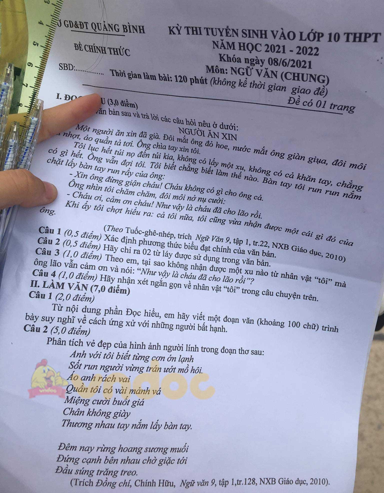 Đề thi vào lớp 10 môn Văn tỉnh Quảng Bình năm 2021