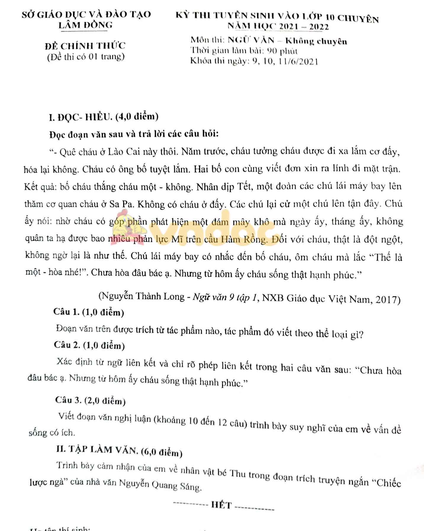Đề thi vào lớp 10 Chuyên tỉnh Lâm Đồng năm 2021