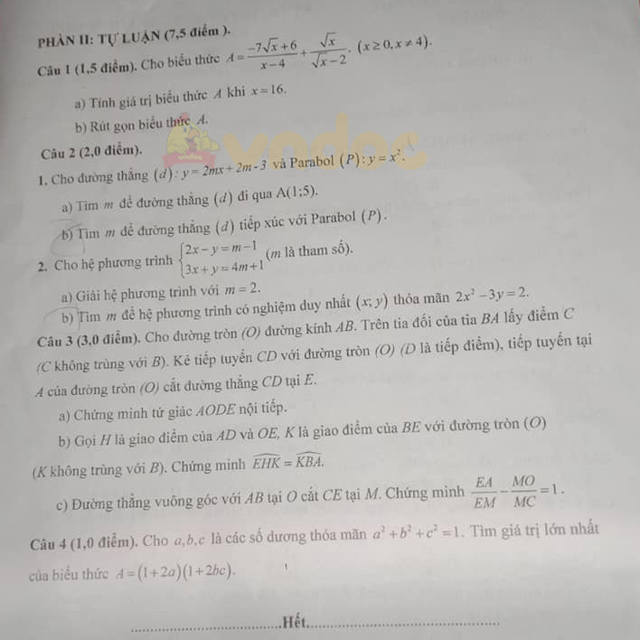 Đề thi vào lớp 10 môn Toán tỉnh Phú Thọ năm 2021