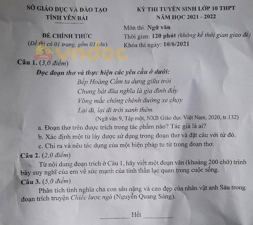 Đề thi vào lớp 10 môn Văn tỉnh Yên Bái năm 2021