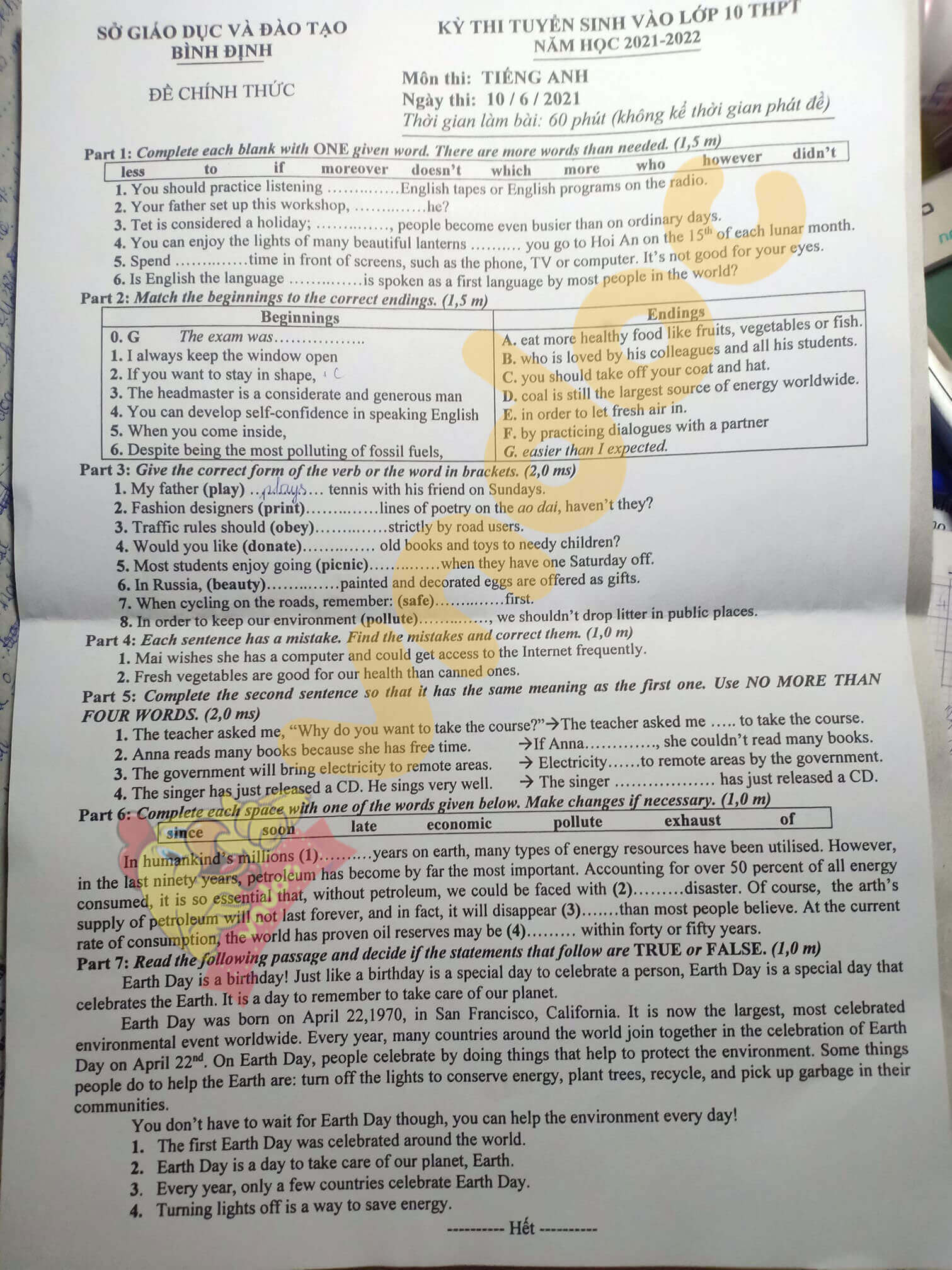 Đáp án Đề thi tuyển sinh lớp 10 môn Anh Bình Định 2021