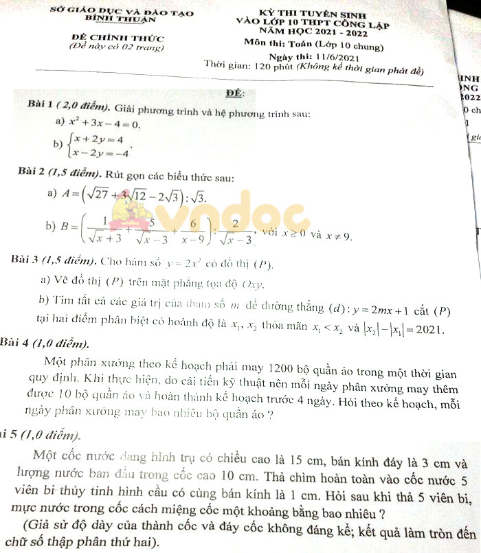 Đề thi vào lớp 10 môn Toán tỉnh Bình Thuận năm 2021