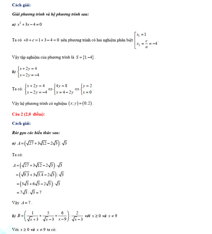 Đáp án đề thi vào lớp 10 môn Toán tỉnh Bình Thuận năm 2021
