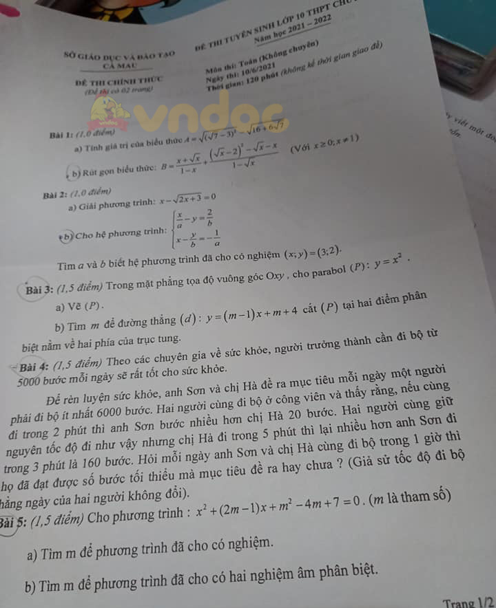 Đề thi vào lớp 10 môn Toán tỉnh Cà Mau năm 2021