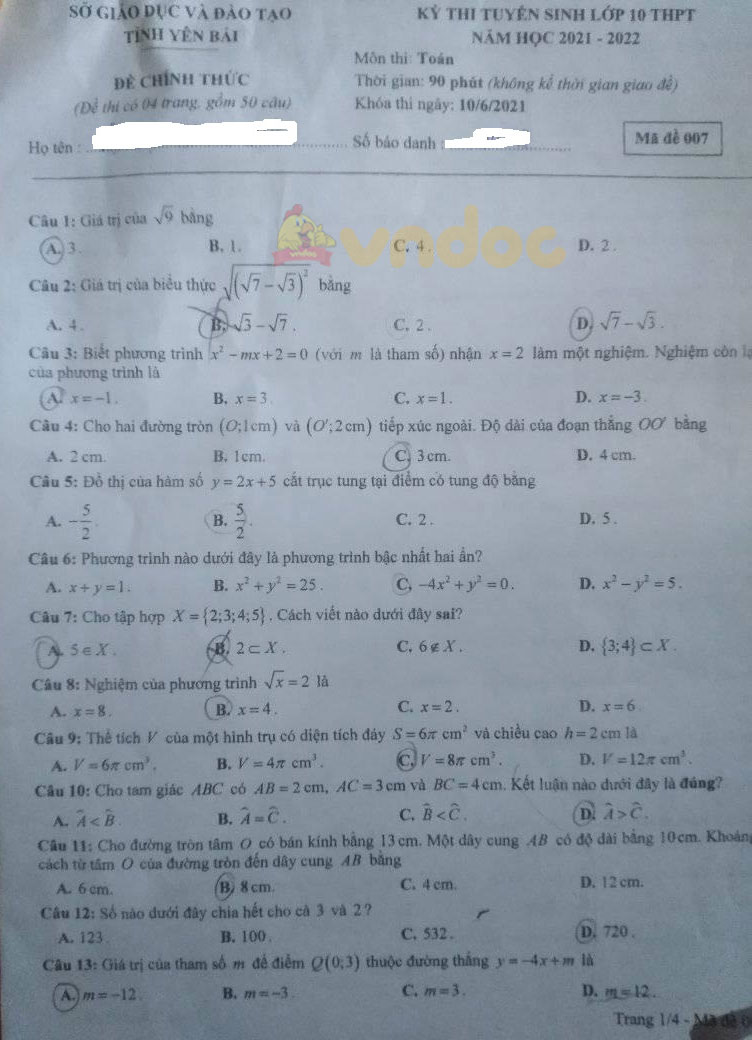 Đề thi vào lớp 10 môn Toán tỉnh Yên Bái năm 2021