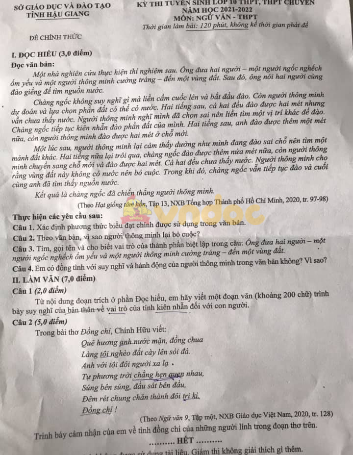 Đề thi vào lớp 10 môn Văn tỉnh Hậu Giang năm 2021