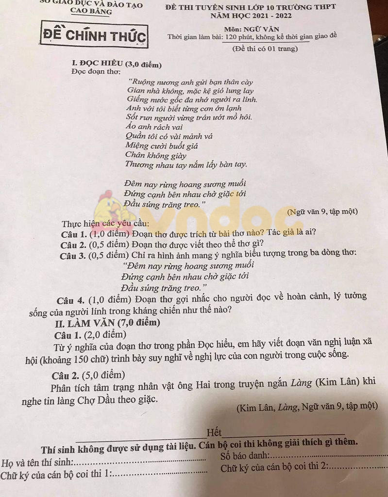 Đề thi tuyển sinh lớp 10 môn Văn Cao Bằng 2021