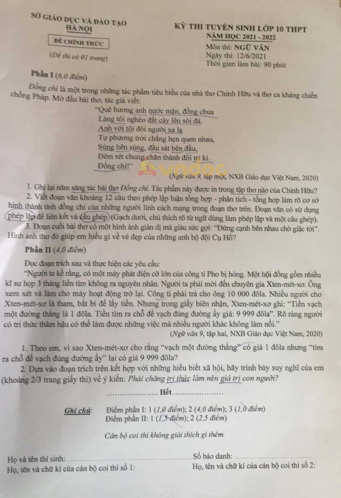 Đề thi vào lớp 10 môn Văn Hà Nội năm 2021