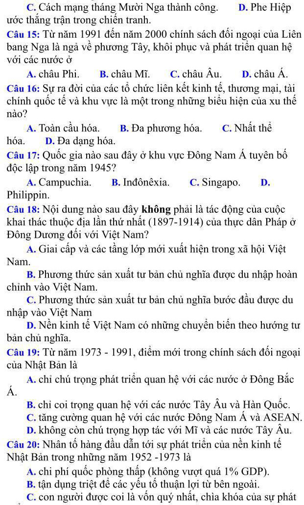 Đề thi thử THPT Quốc gia 2021 môn Sử đợt 2