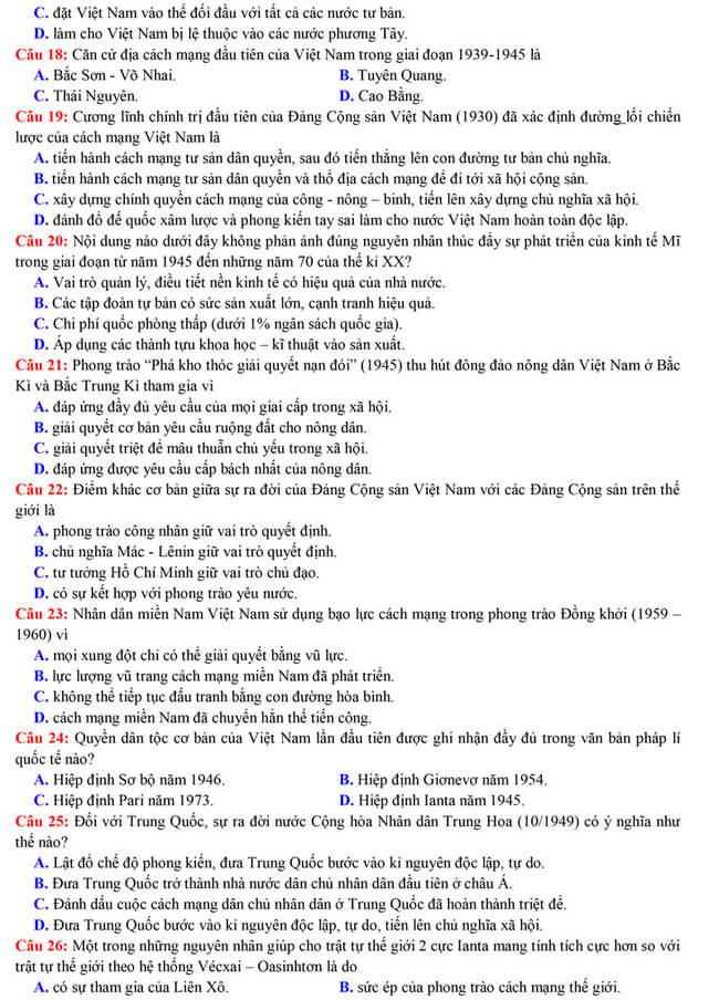 Đề thi thử THPT Quốc gia 2021 môn Sử