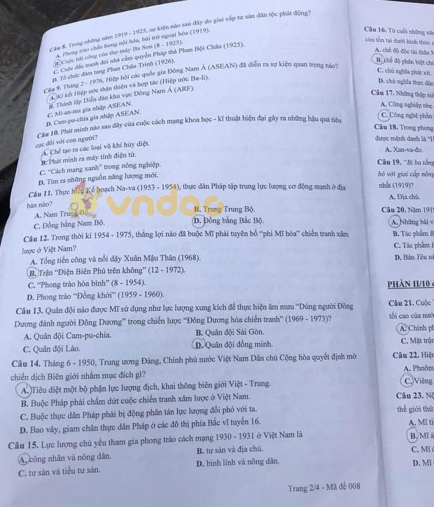Đề thi tuyển sinh lớp 10 môn Sử Hà Nội 2021