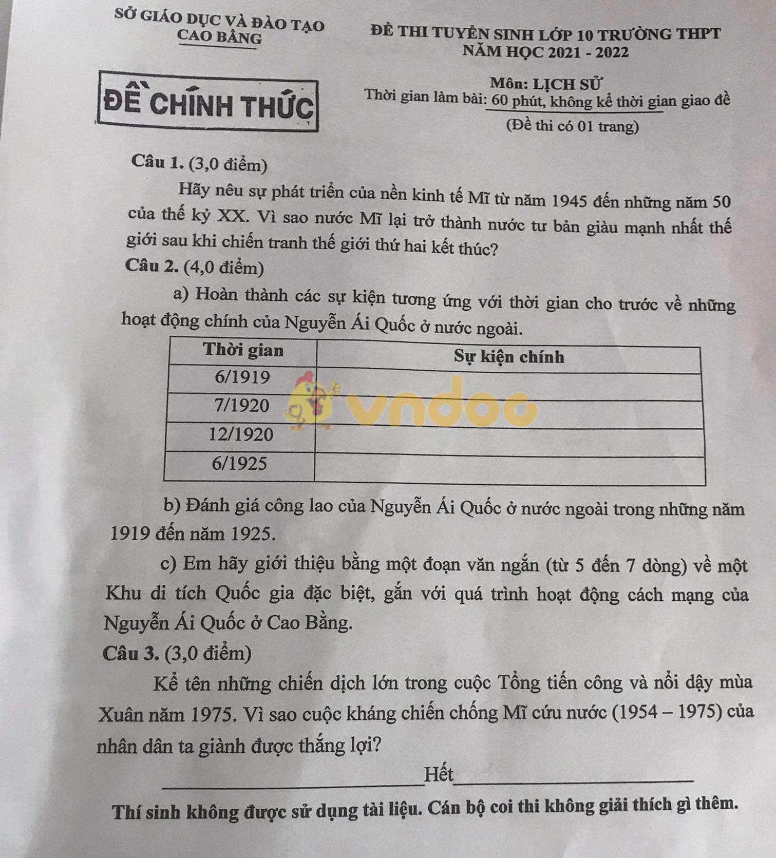 Đề thi tuyển sinh lớp 10 môn Sử Cao Bằng 2021
