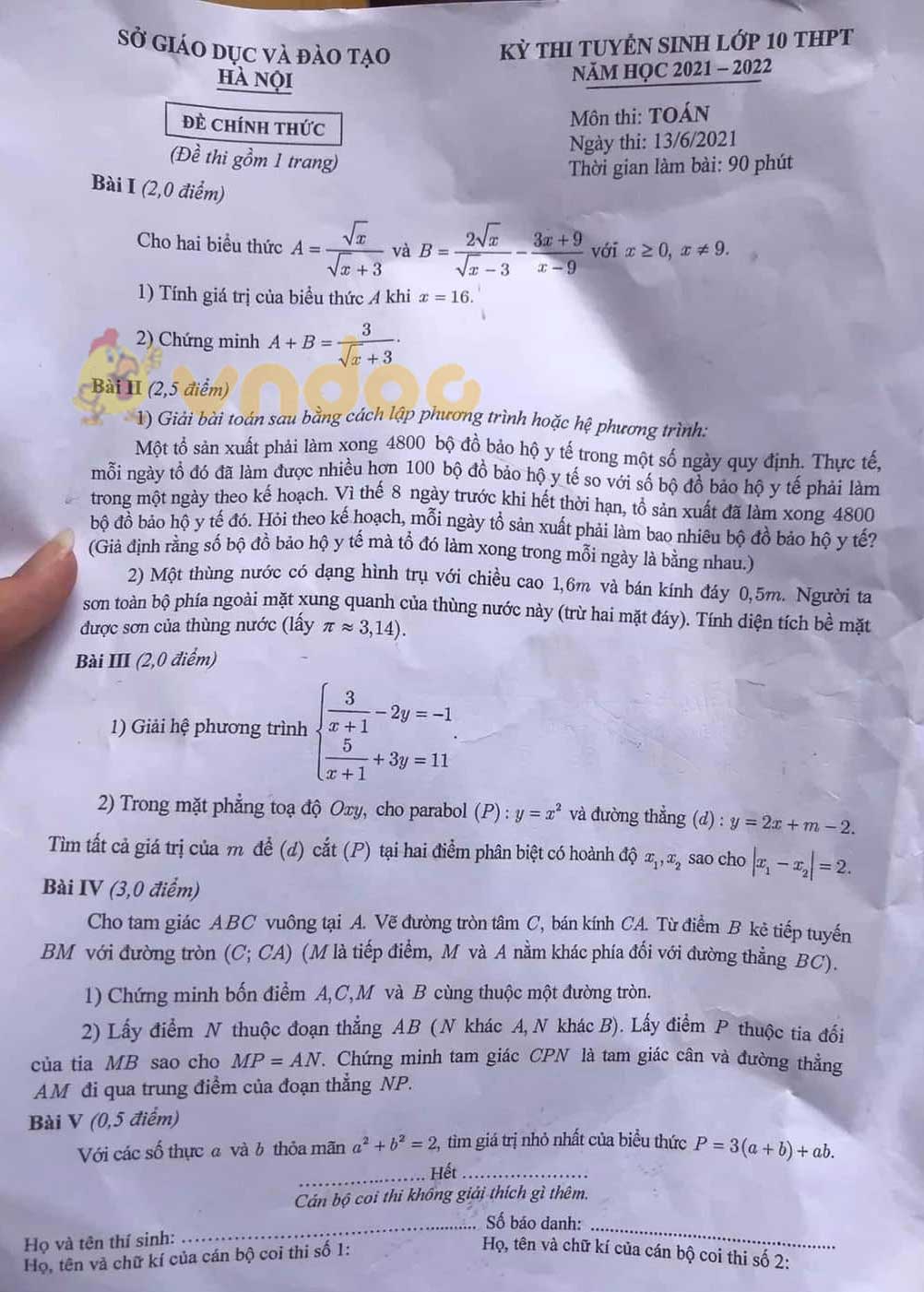 Đề thi vào lớp 10 môn Toán Hà Nội 2021