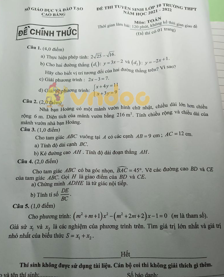 Đề thi tuyển sinh lớp 10 môn Toán Cao Bằng 2021