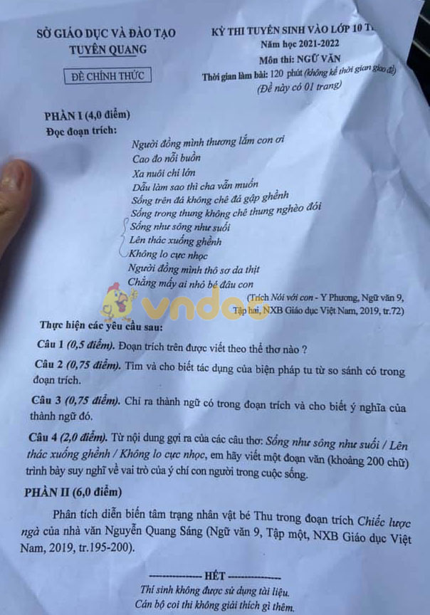 Đề thi tuyển sinh lớp 10 môn Văn Tuyên Quang năm 2021
