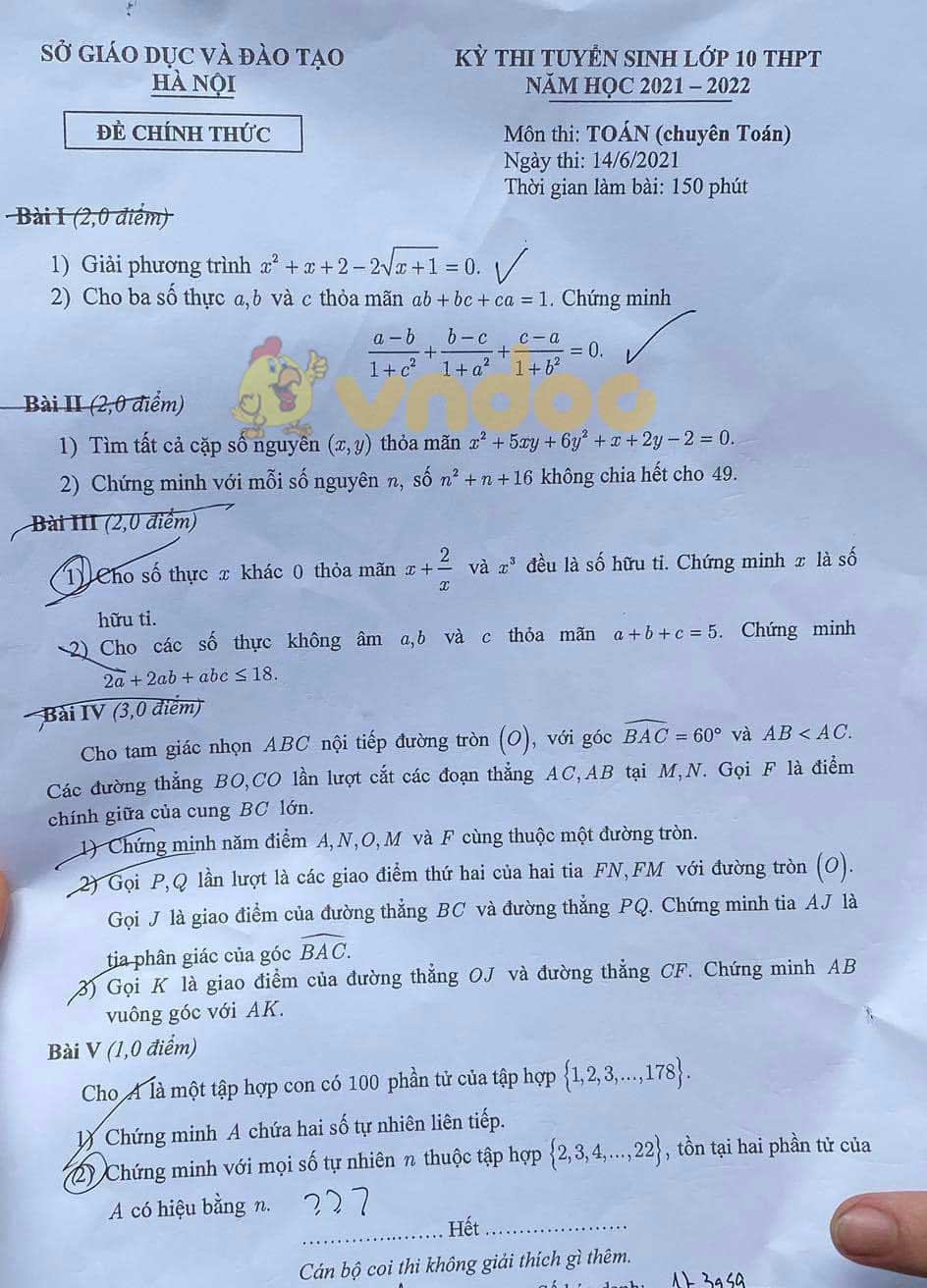 Đề thi vào lớp 10 môn Toán chuyên Hà Nội 2021