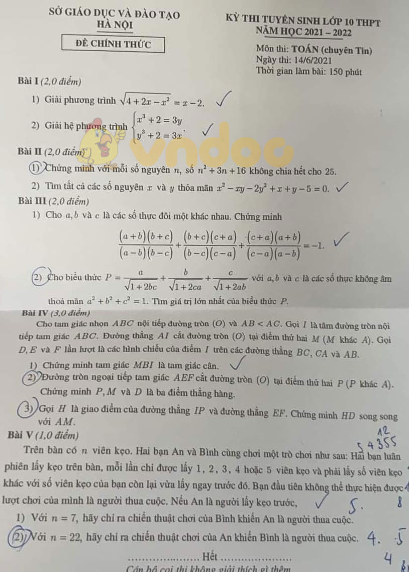 Đề thi vào lớp 10 môn Toán chuyên Tin Hà Nội 2021