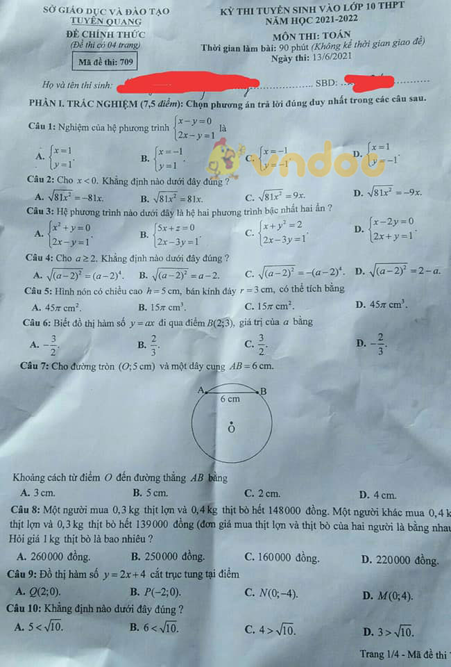 Đề thi tuyển sinh lớp 10 môn Toán Cao Bằng 2021