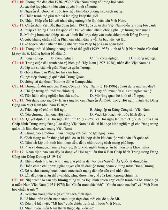 Đề thi thử THPT Quốc gia 2021 môn Sử có đáp án