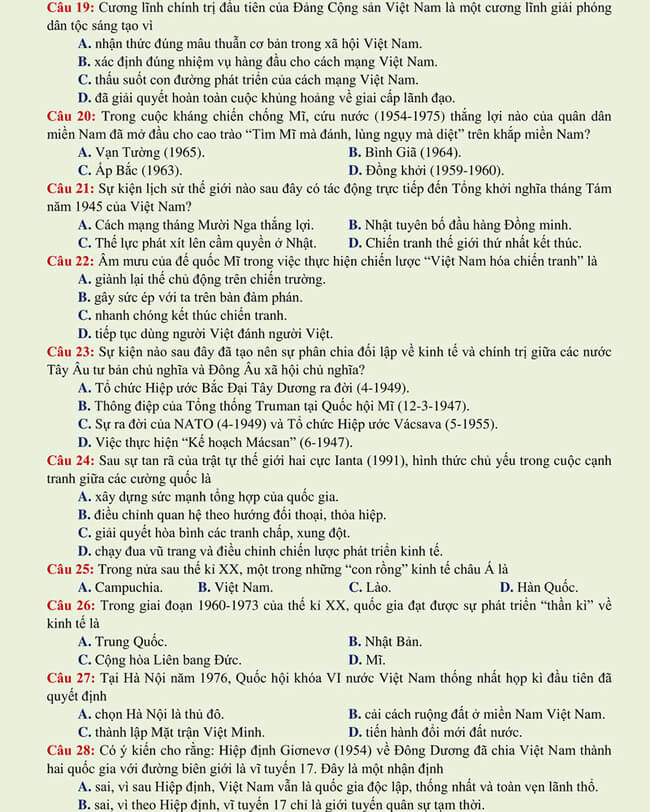 Đề thi thử THPT Quốc gia 2021 môn Sử có đáp án
