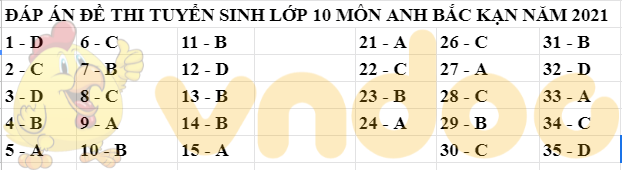 Đáp án đề thi tuyển sinh lớp 10 môn Anh tỉnh Bắc Kạn 2021