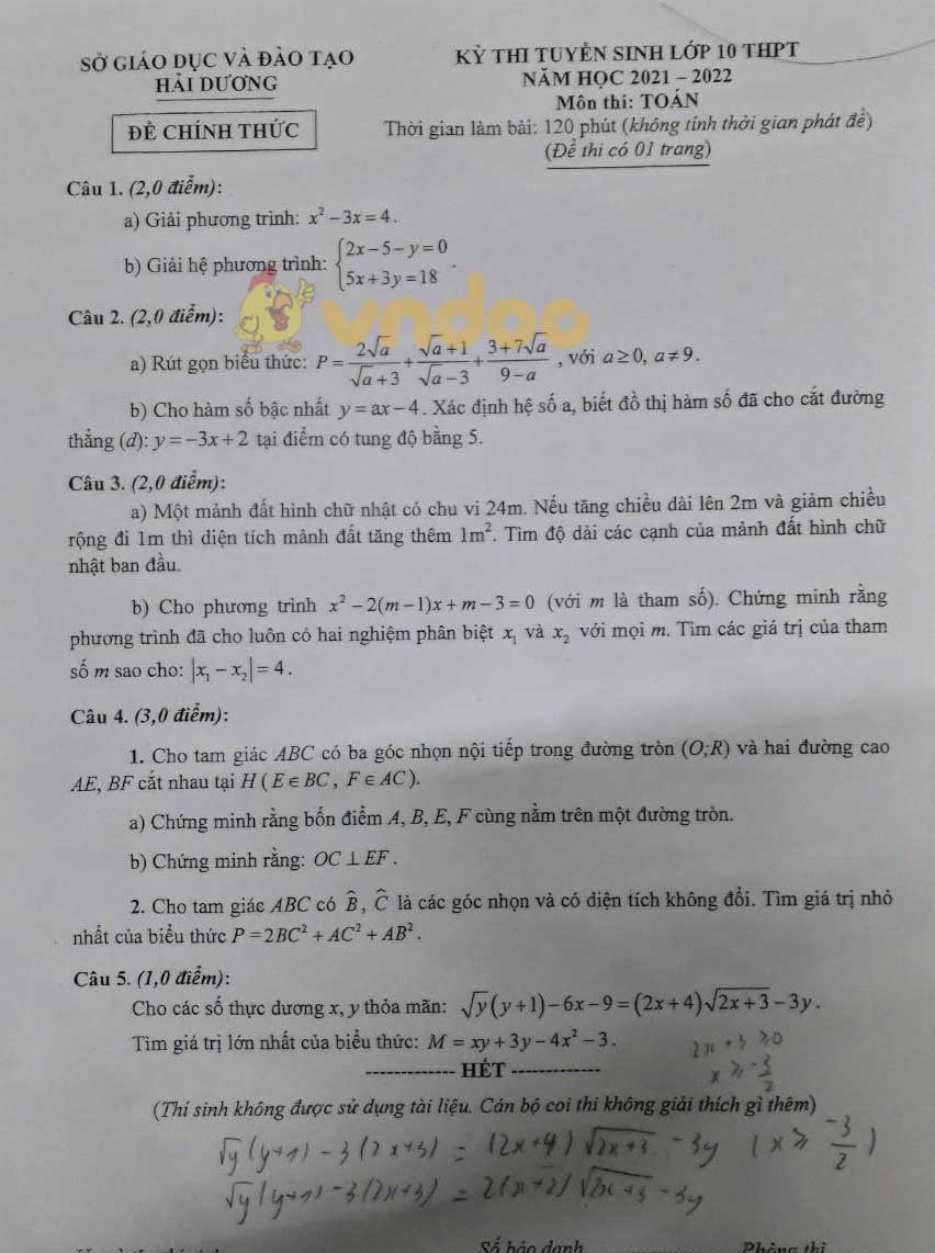 Đề thi vào lớp 10 môn Toán tỉnh Hải Dương năm 2021