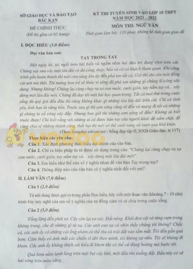 Đề thi tuyển sinh lớp 10 môn Văn Bắc Kạn năm 2021