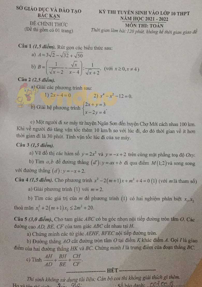 Đề thi tuyển sinh lớp 10 môn Toán Bắc Kạn 2021