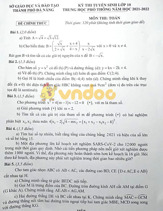 Đề thi tuyển sinh lớp 10 môn Toán Đà Nẵng 2021