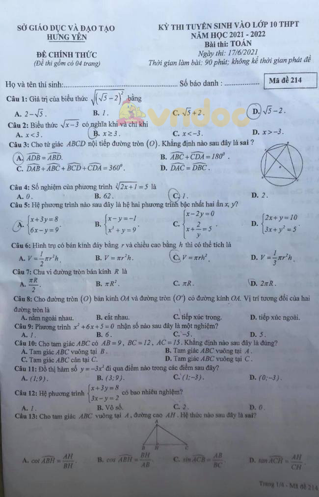 Đề thi tuyển sinh lớp 10 môn Toán Hưng Yên 2021