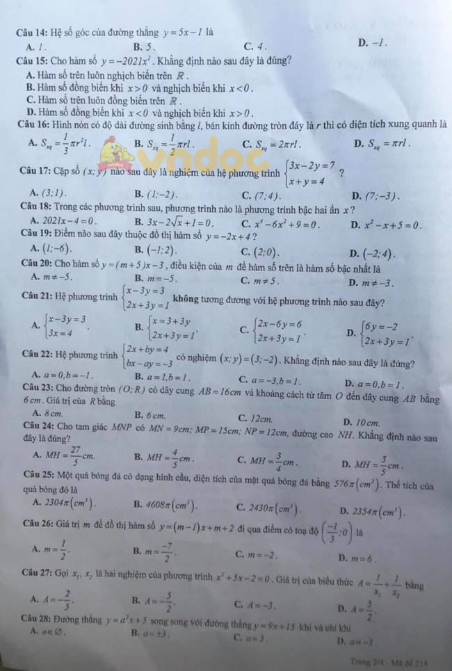 Đề thi tuyển sinh lớp 10 môn Toán Hưng Yên 2021