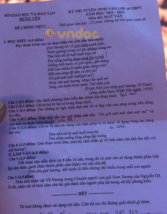 Đề thi tuyển sinh lớp 10 môn Văn Hưng Yên 2021