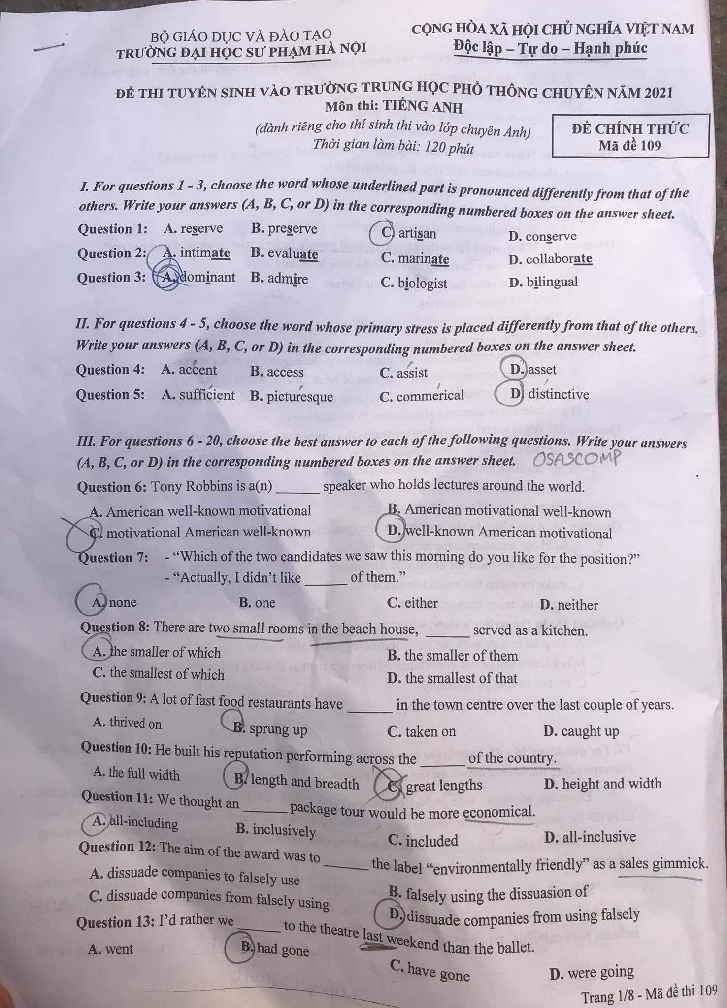Đáp án Đề thi tuyển sinh lớp 10 chuyên Anh Sư Phạm Hà Nội 2021