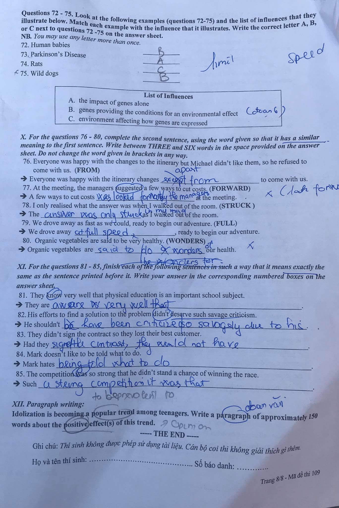 Đáp án Đề thi tuyển sinh lớp 10 chuyên Anh Sư Phạm Hà Nội 2021
