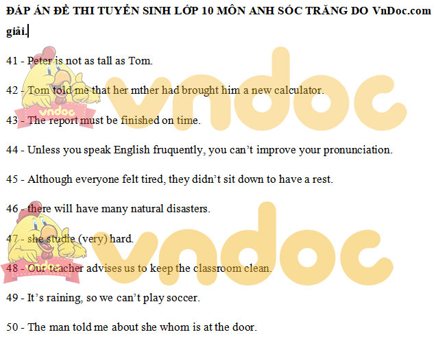 Đáp án Đề thi tuyển sinh lớp 10 môn Anh Sóc Trăng 2021