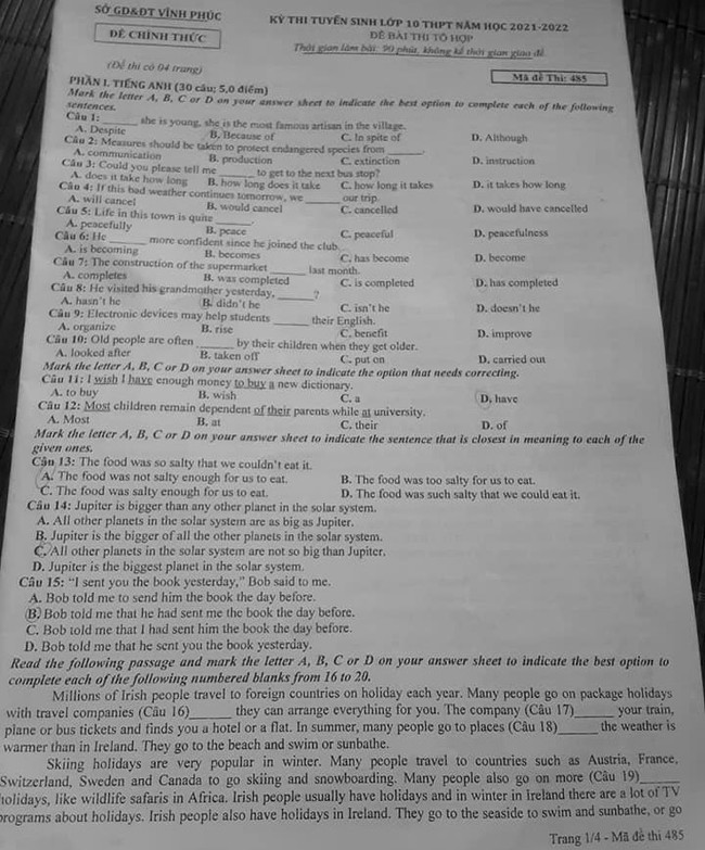 Đề thi tuyển sinh lớp 10 môn Tổng hợp Vĩnh Phúc 2021