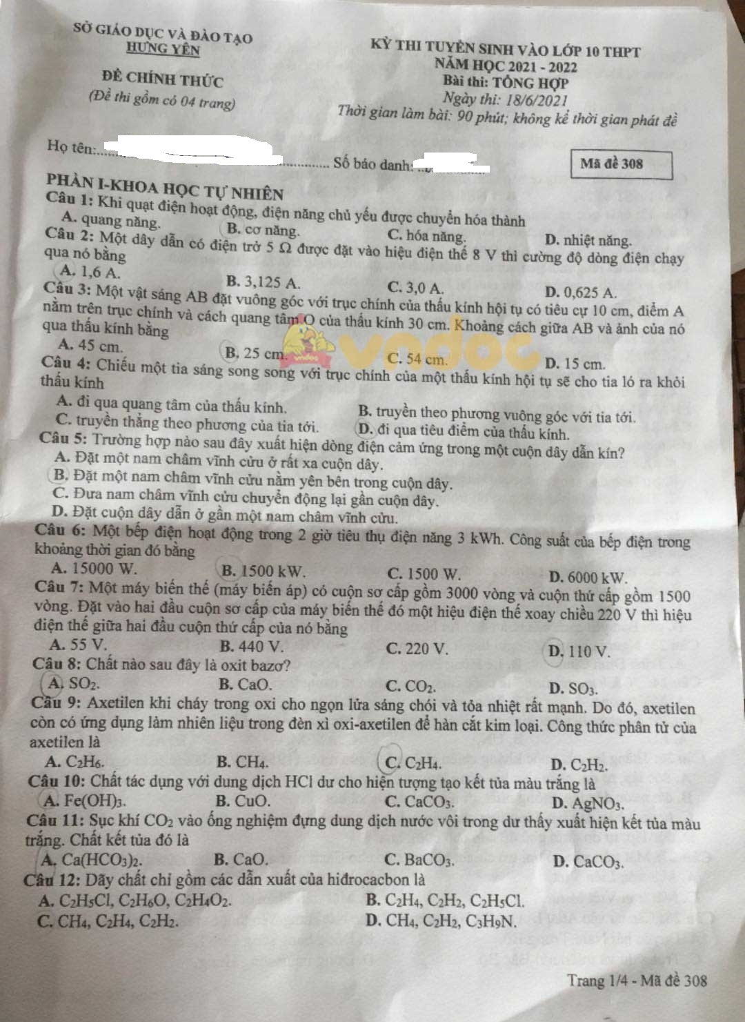 Đề thi tuyển sinh lớp 10 môn Tổng hợp Hưng Yên 2021