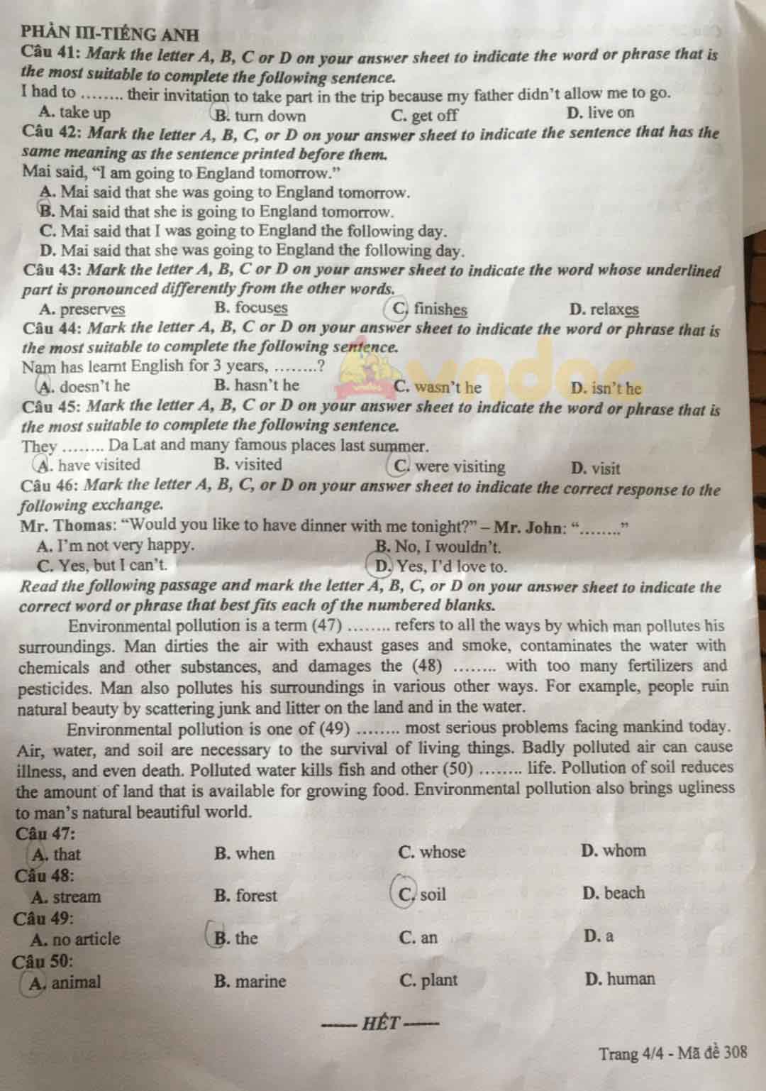 Đề thi tuyển sinh lớp 10 môn Tổng hợp Hưng Yên 2021