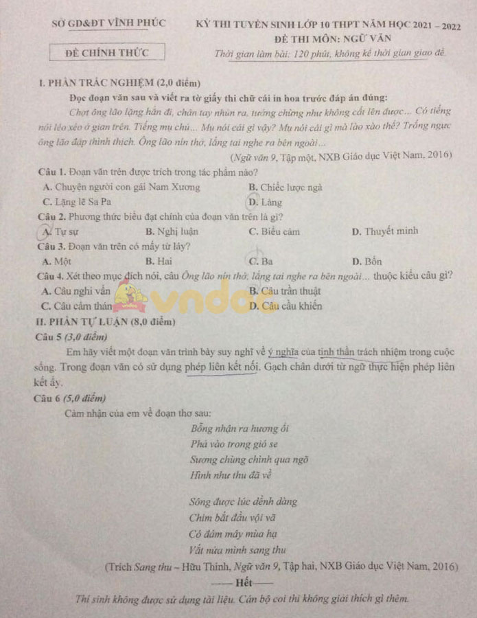 Đề thi tuyển sinh lớp 10 môn Văn Vĩnh Phúc 2021